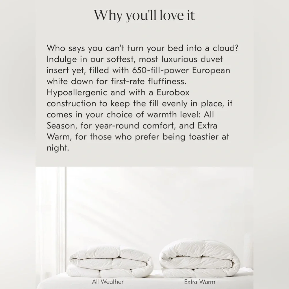 NWT West Elm European Down Duvet Insert - Twin/Twin XL